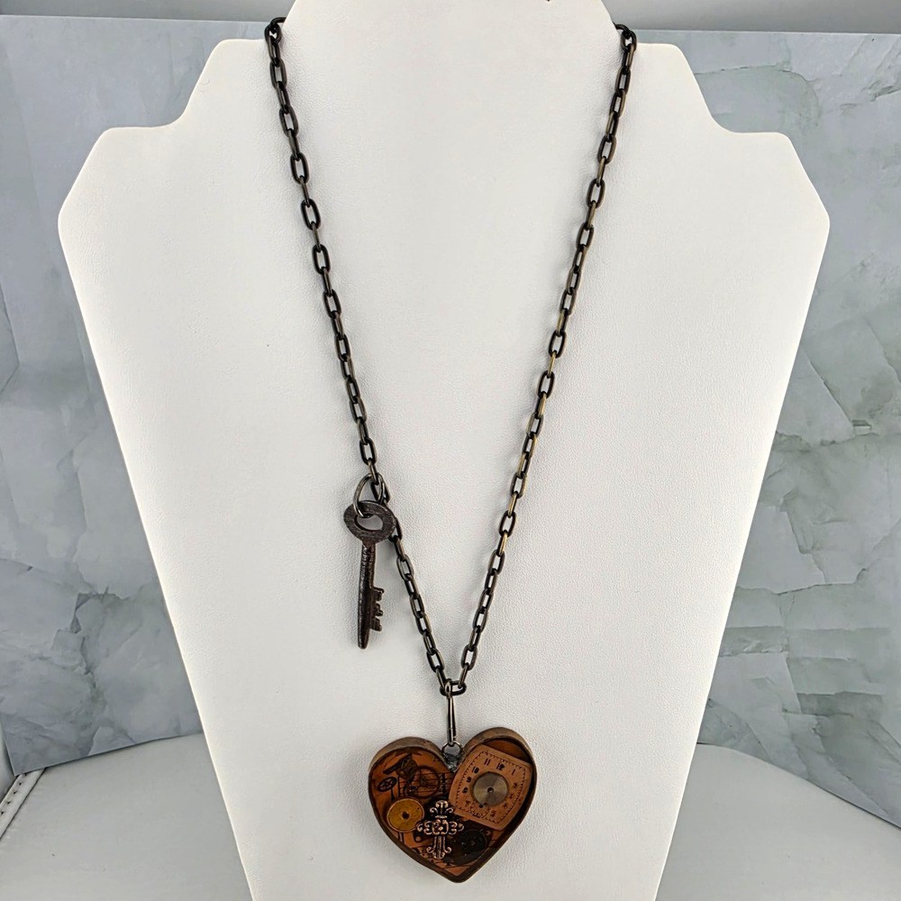 **One of A Kind** Artisan Steampunk Resin Heart & Skeleton Key Necklace